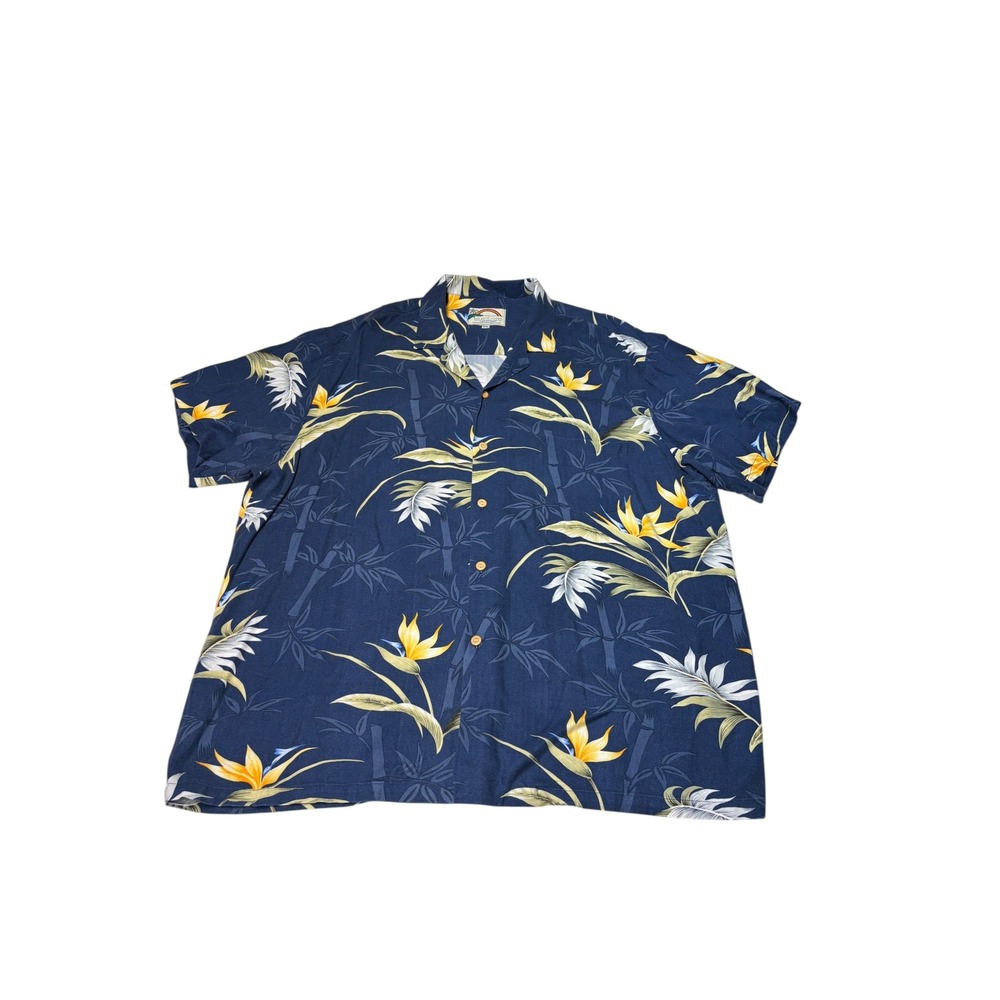 VTG Paradise Found Mens 2XL Hawaiian Shirt Navy Bird Paradise Bamboo Rayon Aloha